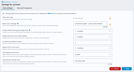 247connect account settings page showing options for add custom logo, blank screen message, enable installer device group assignment, enable self-service profile updates, on-demand invitation duration, require 2FA for local users, user display name format and user/operator display name, with Save and Cancel buttons at the bottom.